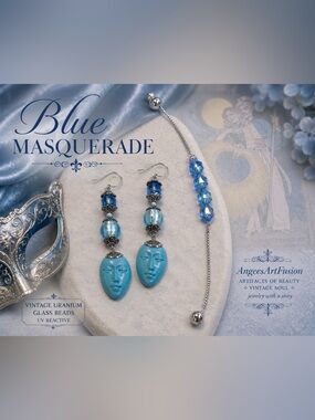 “Blue Masquerade”- Uranium Glass Earrings & Lariat Bracelet Set